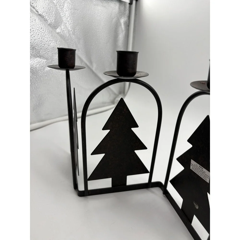 Vintage Rustic Metal Pine Tree 3 Cup Taper Candle Holder Accordion Centerpiece
